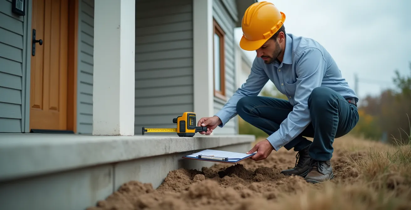 Expert en bâtiment inspectant les fondations d'une maison avec des outils de mesure professionnels