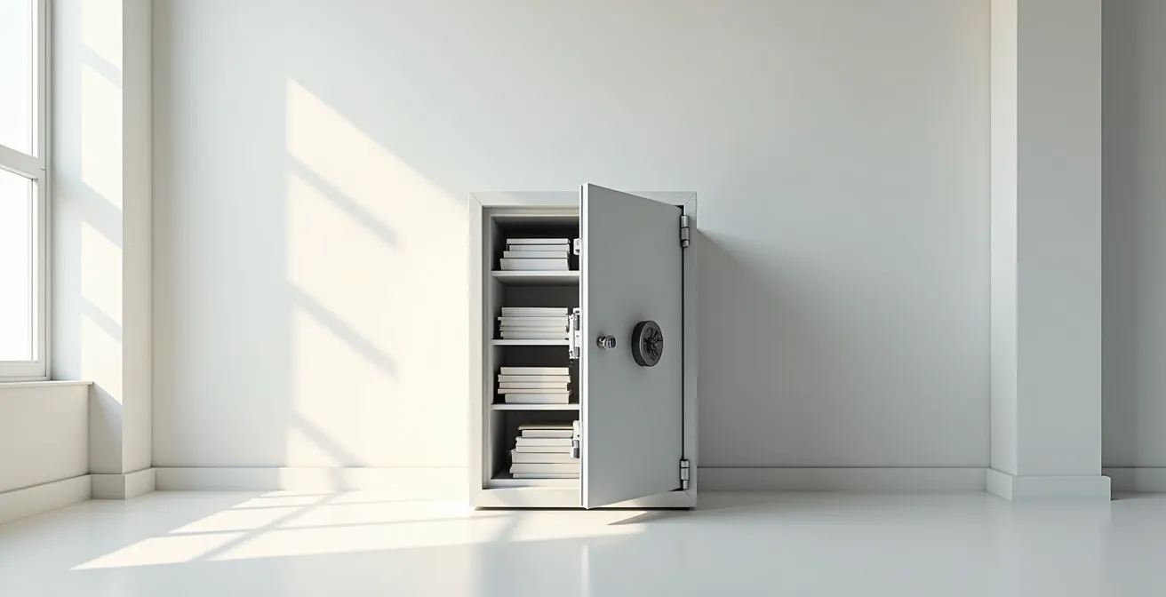 Vue minimaliste d'un coffre-fort professionnel entrouvert avec documents notariés à l'intérieur
