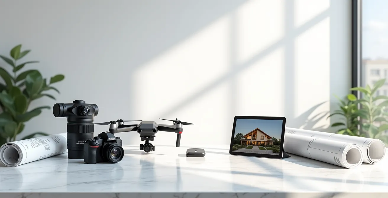 Matériel professionnel de marketing immobilier incluant appareil photo, drone et tablette