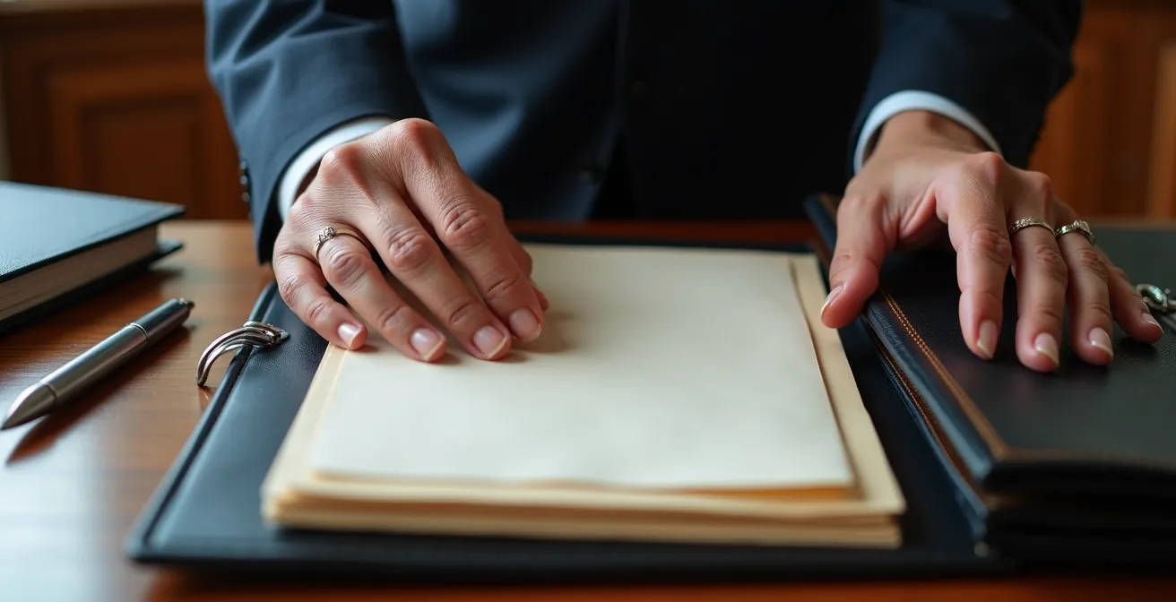 Bureau de notaire avec documents et démarches pour récupérer un titre de propriété