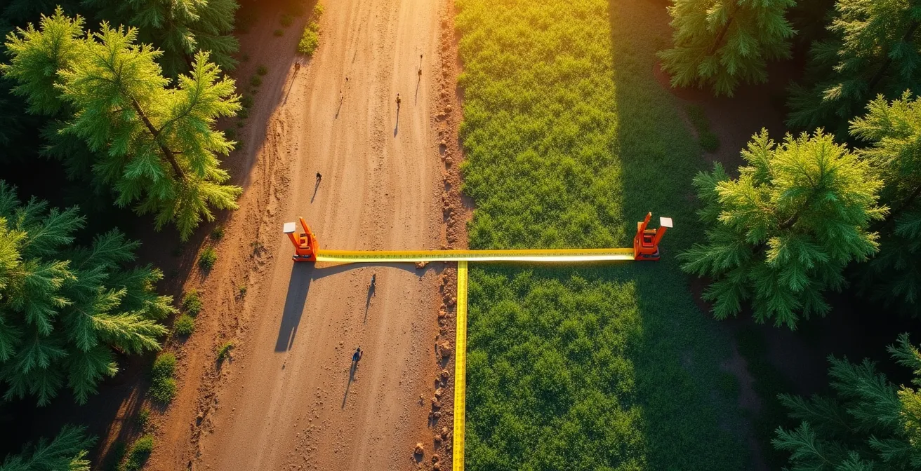 Vue aérienne d'un terrain avec zones de servitudes et parties constructibles matérialisées