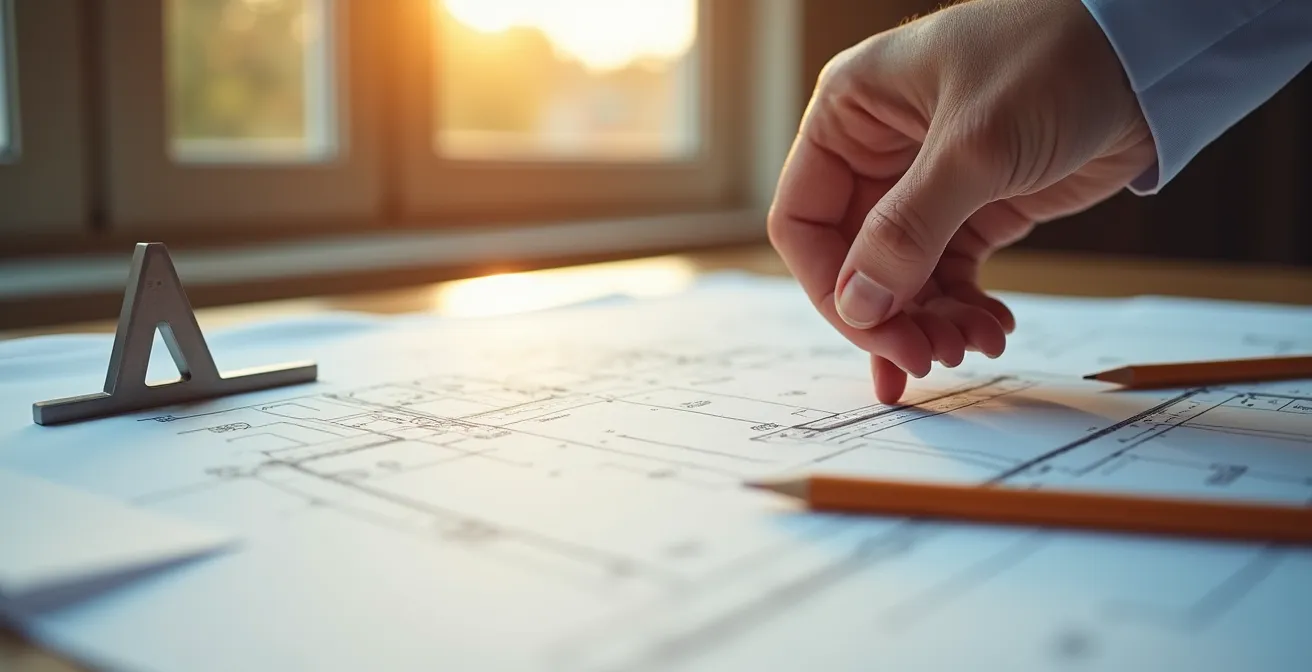 Main d'architecte pointant un planning de travaux avec équerre et crayon sur table lumineuse
