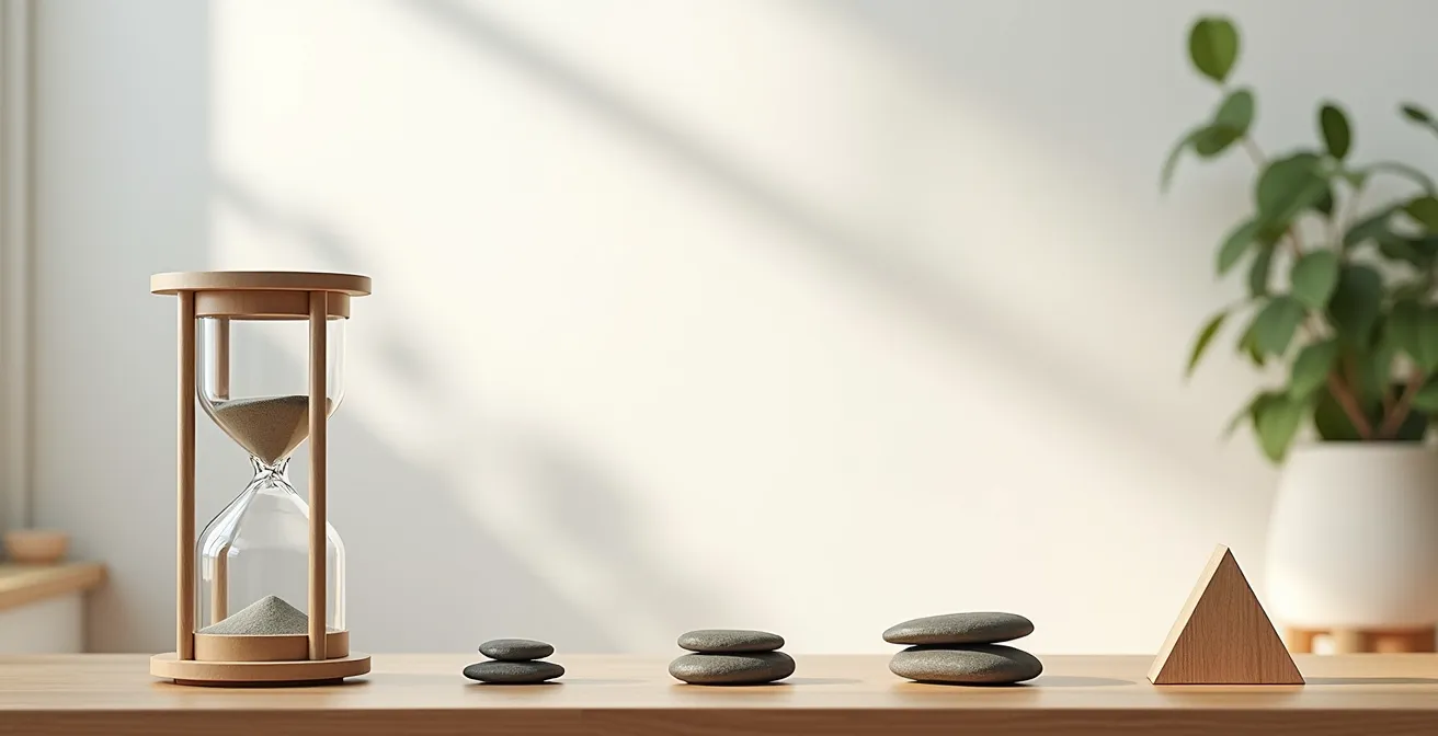 Vue aérienne d'un bureau avec calendrier et objets symbolisant le temps