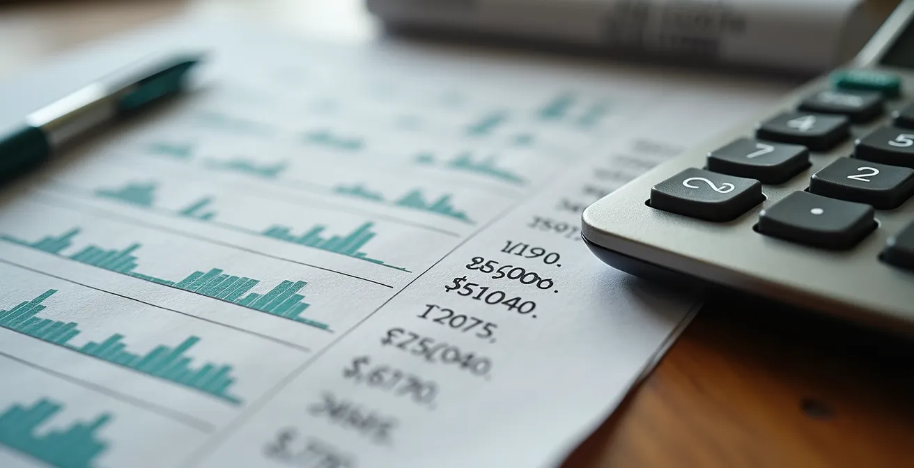 Vue macro de documents bancaires et calculatrice sur bureau en bois