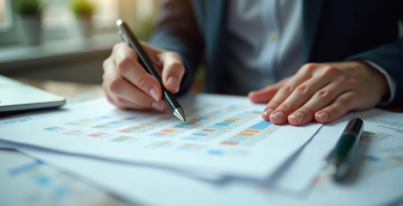 Propriétaire examinant attentivement des dossiers de candidature avec documents flous en arrière-plan