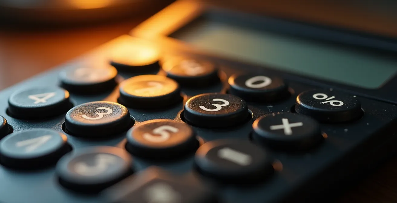 Vue macro d'une calculatrice avec reflets de chiffres sur l'écran, symbolisant le calcul des frais cachés immobiliers.