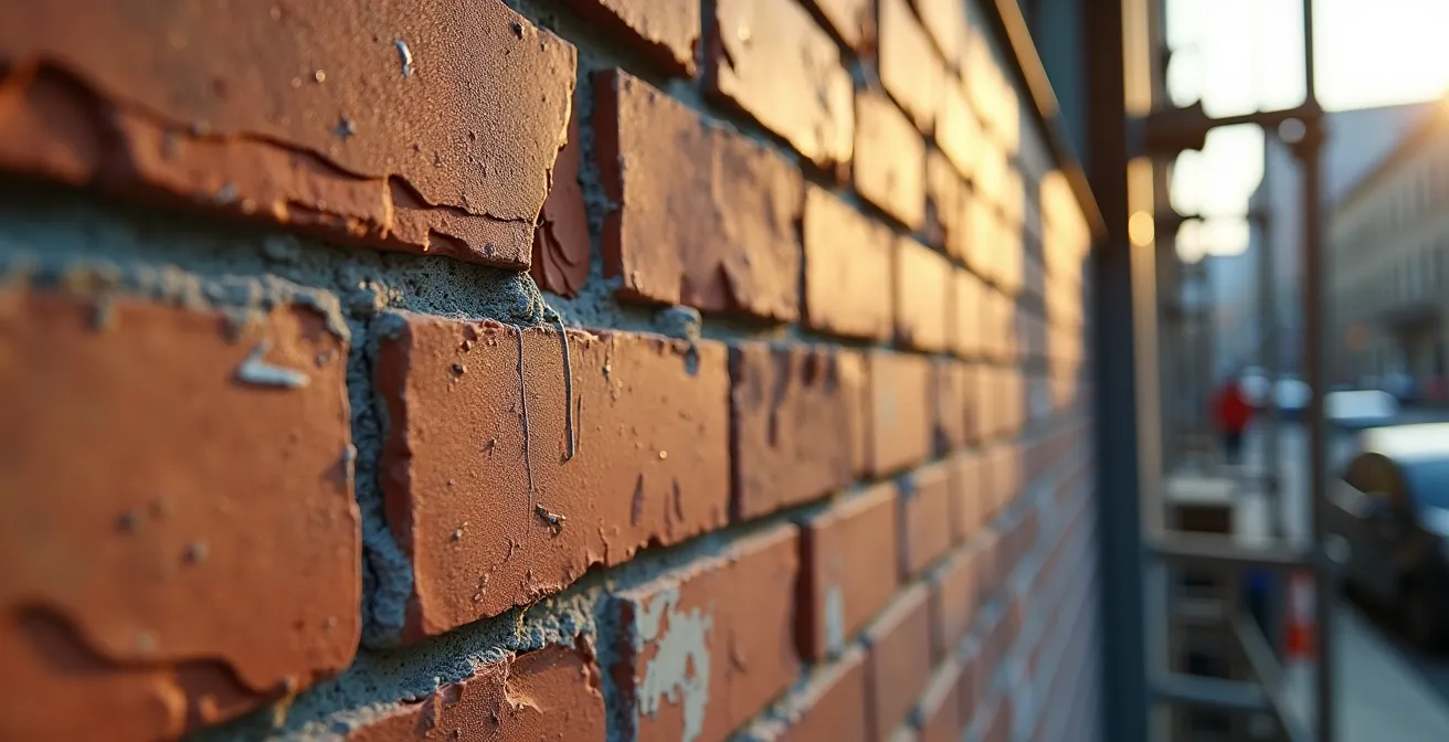Vue aérienne d'un quartier urbain mixte montrant des immeubles anciens rénovés et des chantiers de construction