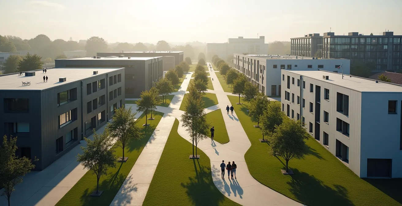 Vue aérienne du campus universitaire de Mont-Saint-Aignan avec ses résidences étudiantes modernes