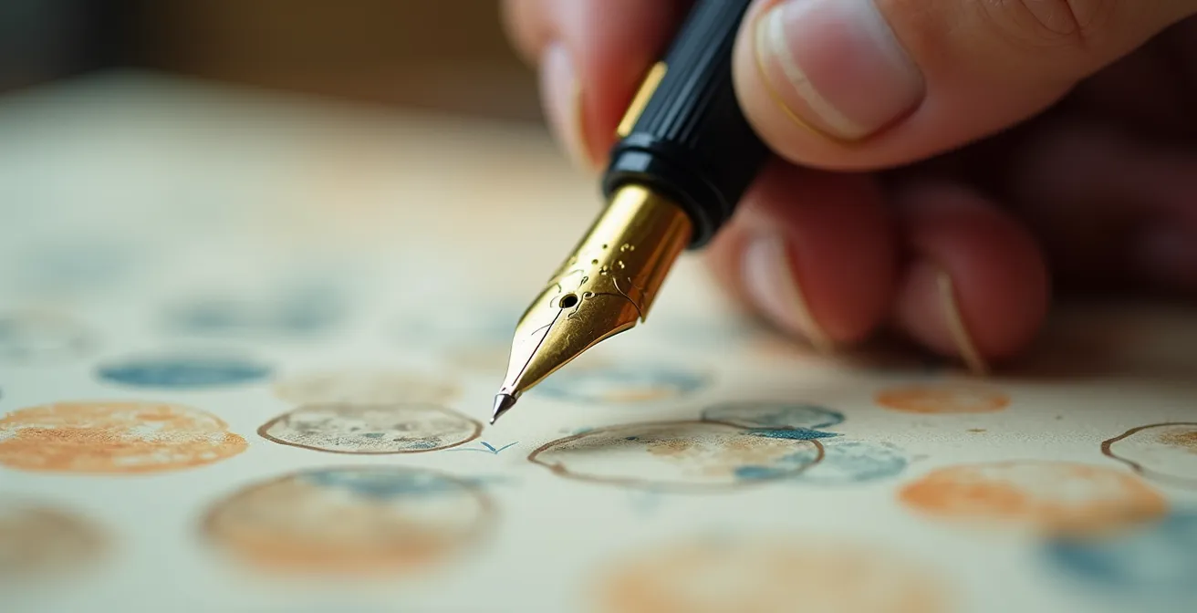 Mains tenant un stylo plume au-dessus de documents avec motifs abstraits