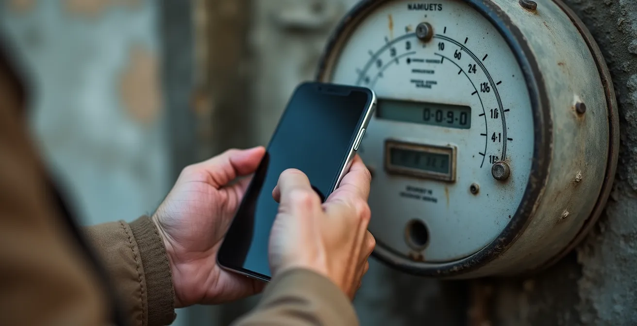 Main tenant un smartphone devant un compteur électrique pour effectuer un relevé.