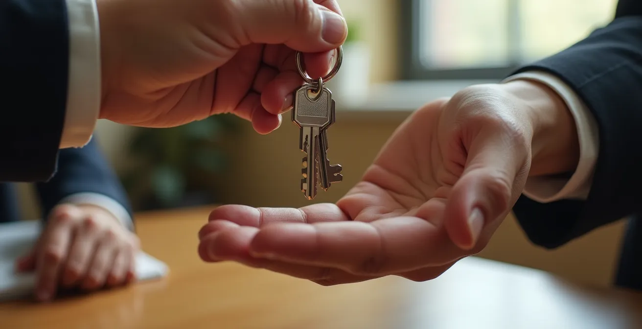 Mains échangeant des clés de maison lors d'une signature chez le notaire
