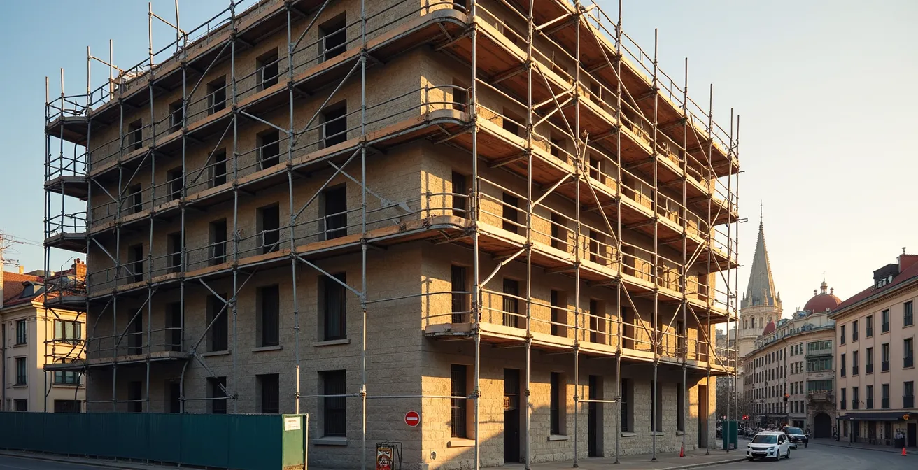 Chantier de rénovation dans un bâtiment ancien avec des échafaudages, illustrant l'investissement dans l'ancien.