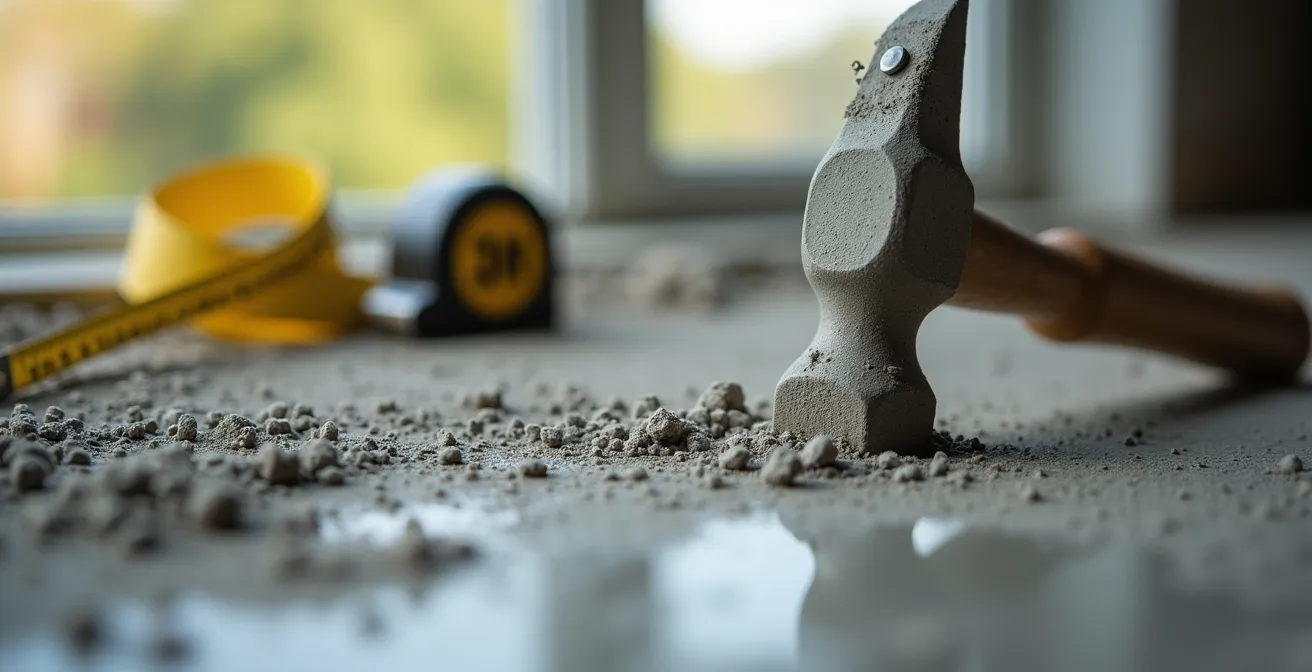 Gros plan sur texture de béton brut et outils de chantier avec effet bokeh artistique