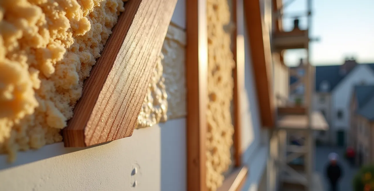 Façade d'immeuble rouennais en cours de rénovation énergétique avec échafaudages et isolation