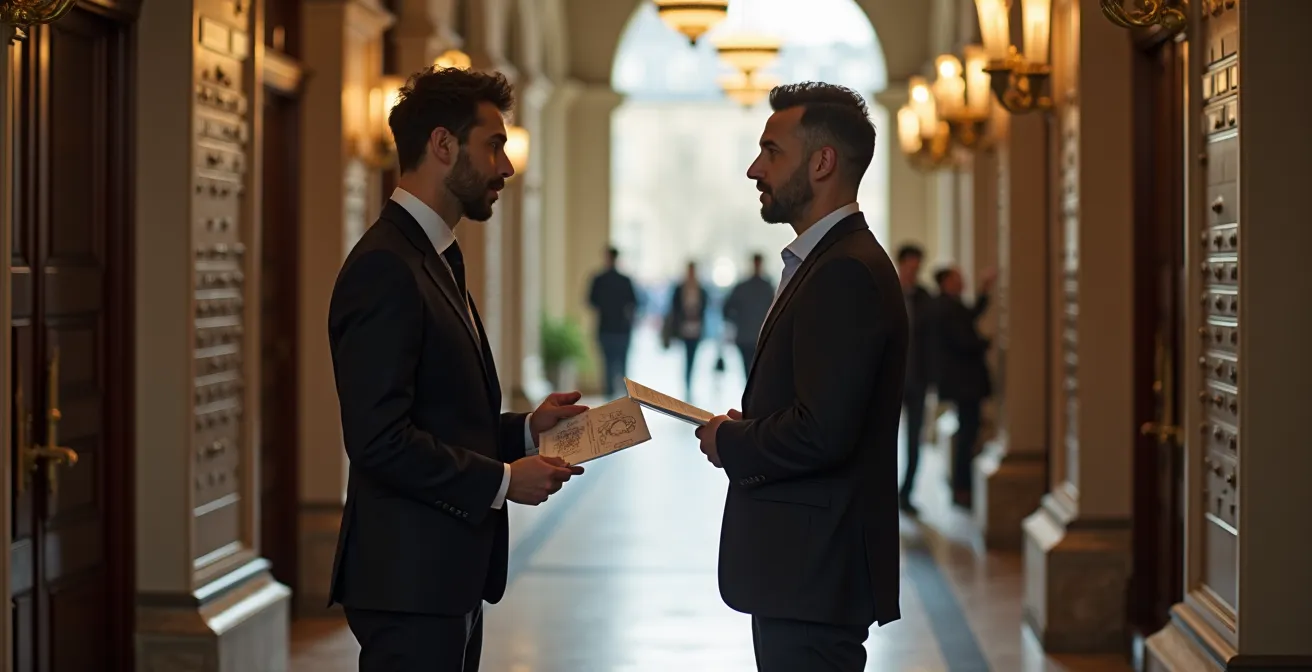 Gardien d'immeuble en discussion avec un investisseur dans le hall d'un immeuble parisien