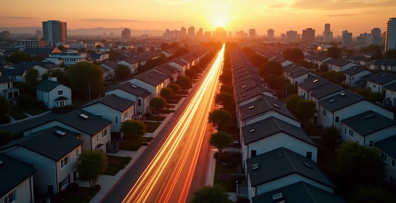 Vue aérienne d'un quartier avec des lignes lumineuses symbolisant les connexions entre professionnels