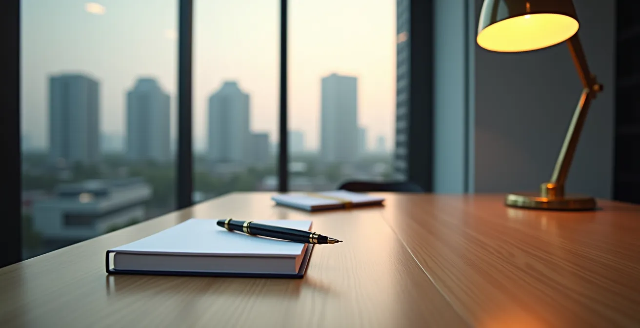 Bureau professionnel avec documents de création SCI et stylo plume sur table en bois, bâtiment d'entreprise en arrière-plan