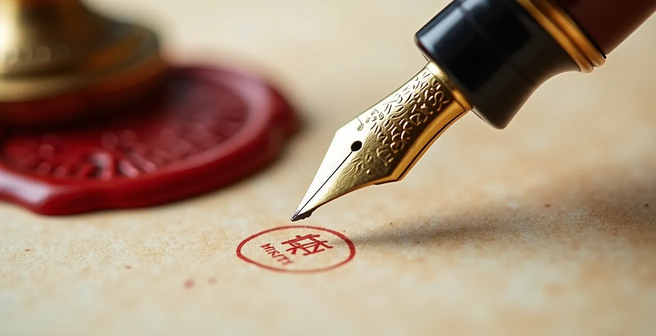 Moment solennel de signature d'un acte authentique chez le notaire