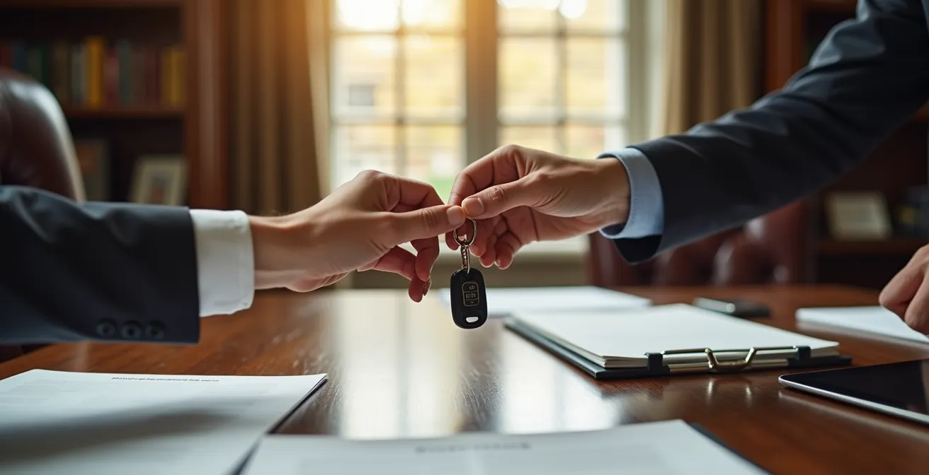 Moment de signature chez le notaire avec remise de clés sur bureau en bois