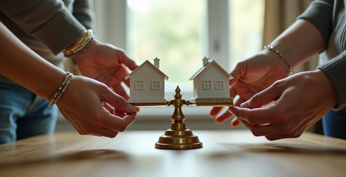 Balance ancienne en équilibre avec maquettes de maisons miniatures, symbolisant les solutions négociées pour sortir de l'indivision.