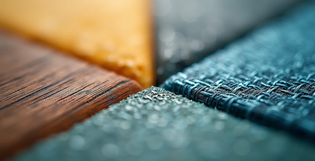 Composition macro détaillée montrant différents éléments symboliques de stratégies financières : bois, métal, tissu et verre.