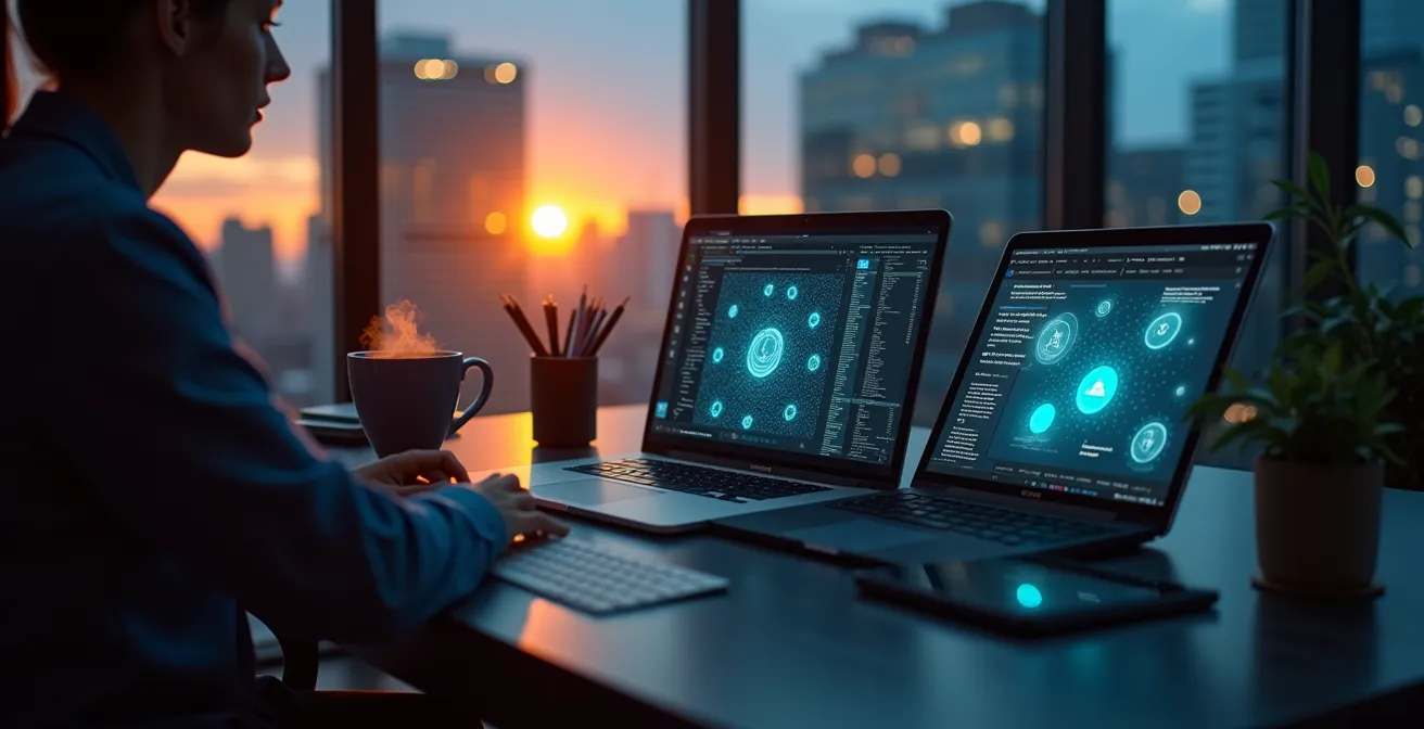 Configuration d'un système de veille immobilière avec plusieurs écrans montrant des alertes