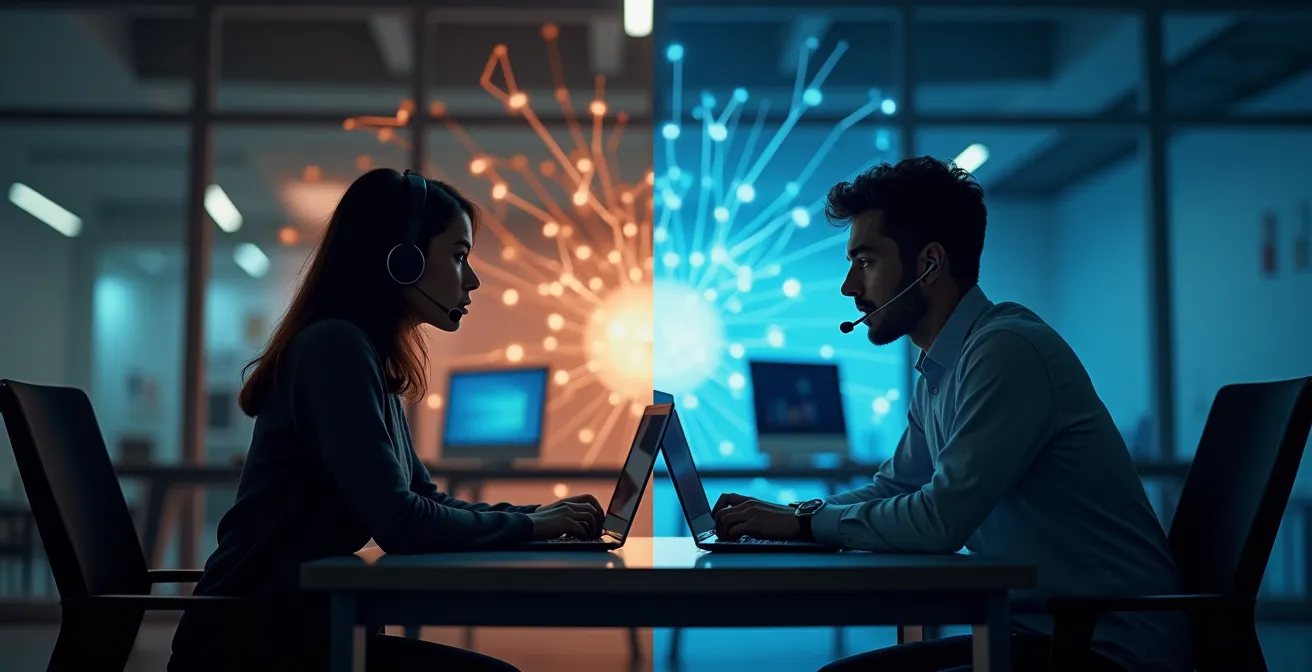 Agent immobilier au téléphone avec écran montrant des données de prospection floues