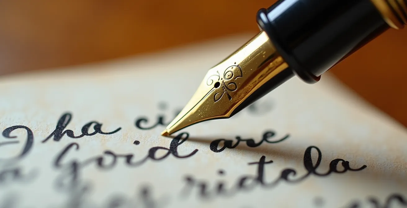 Main tenant un stylo plume au-dessus d'un papier blanc avec focus sur le geste d'écriture