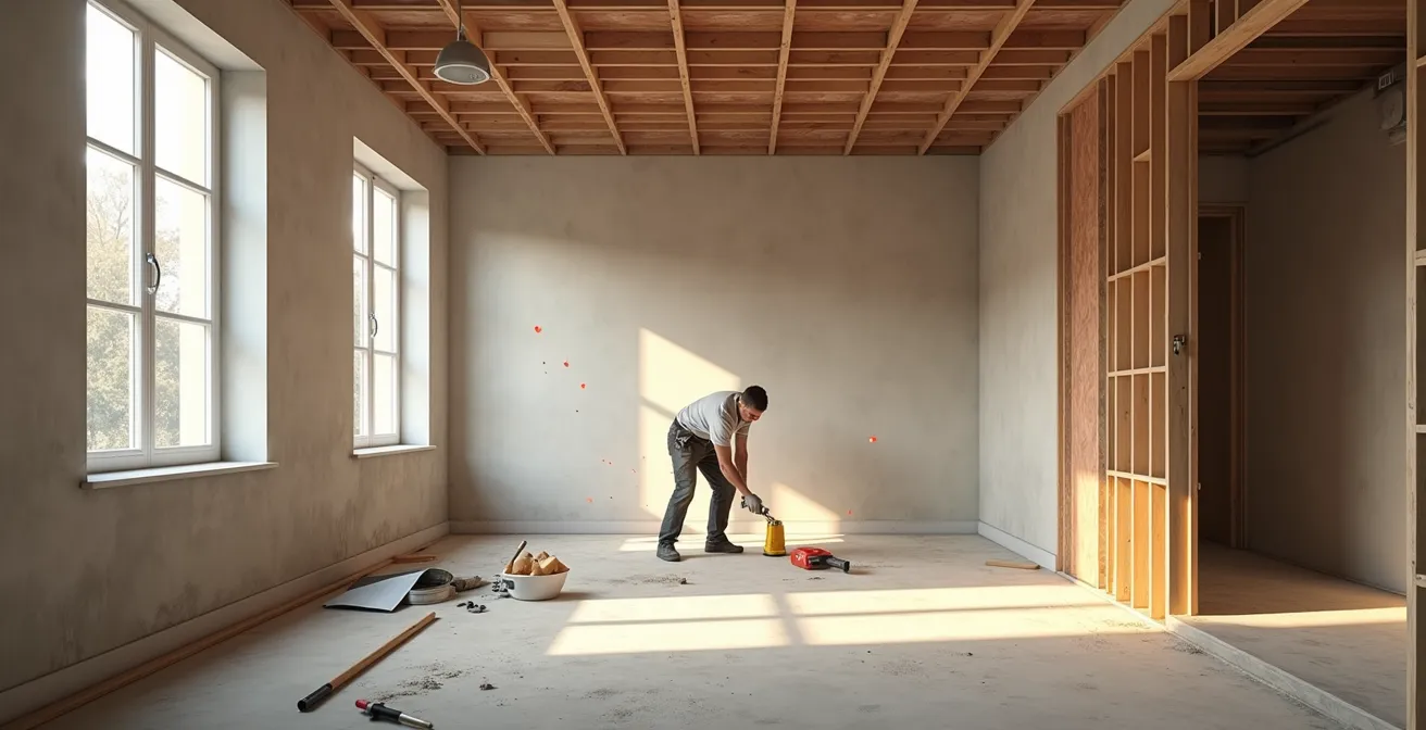 Artisan installant une isolation thermique dans un appartement en rénovation
