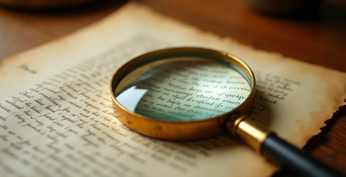 Vérification minutieuse d'un document notarié avec loupe pour détecter les erreurs
