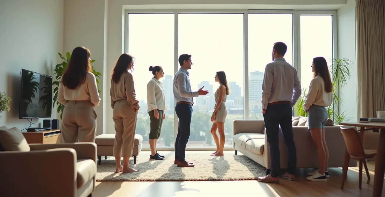 Groupe d'acheteurs potentiels visitant simultanément un appartement lumineux avec un agent immobilier