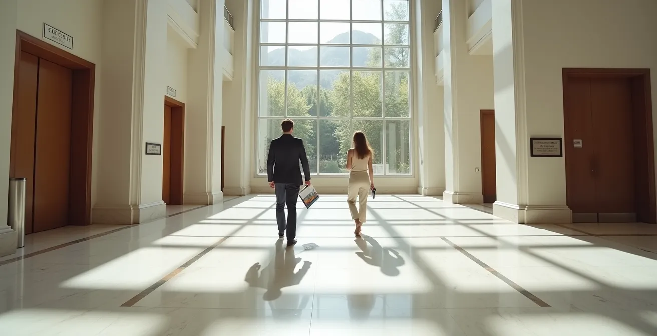 Hall d'immeuble avec deux couples se croisant lors de visites immobilières