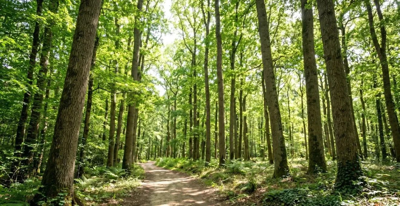 Large allée forestière bordée de chênes matures en contre-plongée avec lumière naturelle filtrant à travers le feuillage