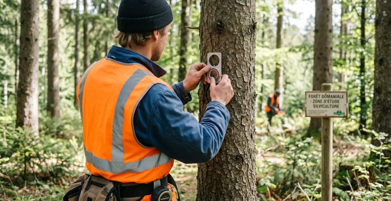 Expert forestier vu de dos portant un gilet orange haute visibilité mesurant un tronc de chêne avec un compas forestier