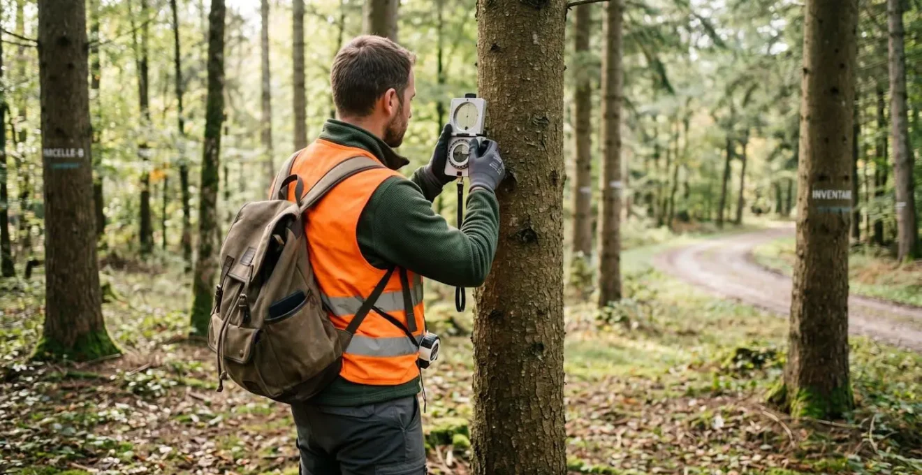 Expert forestier vu de dos portant un gilet orange haute visibilité mesurant un tronc de chêne avec un compas forestier