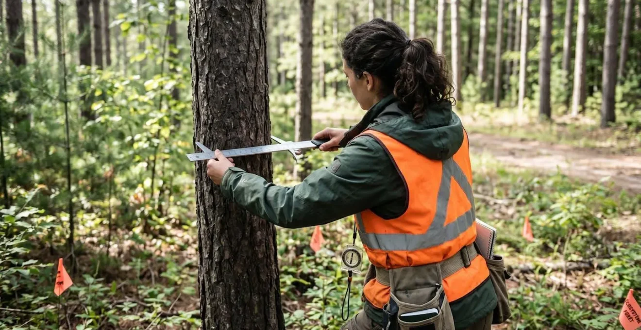Expert forestier vu de dos portant un gilet orange haute visibilité mesurant un tronc de chêne avec un compas forestier