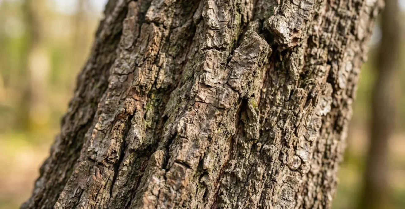 Gros plan extrême sur la texture détaillée de l'écorce d'un chêne mature avec relief naturel