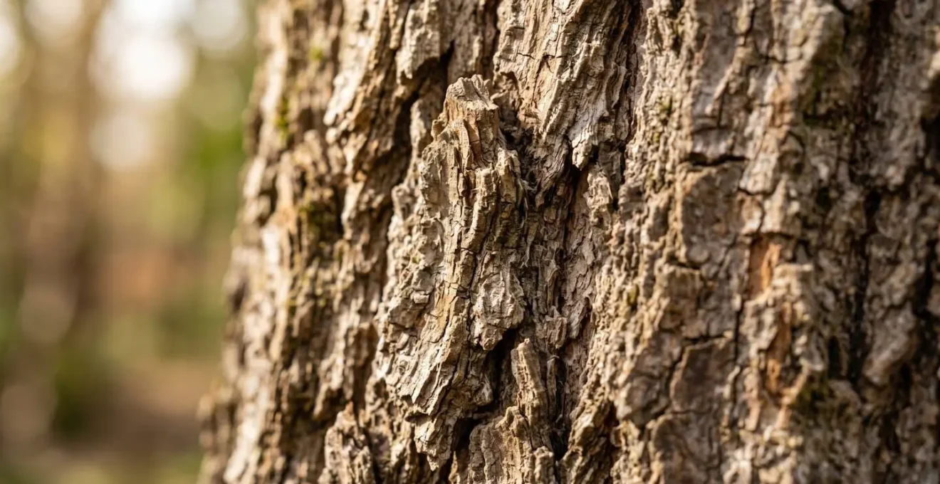 Gros plan extrême sur la texture détaillée de l'écorce d'un chêne mature avec relief naturel
