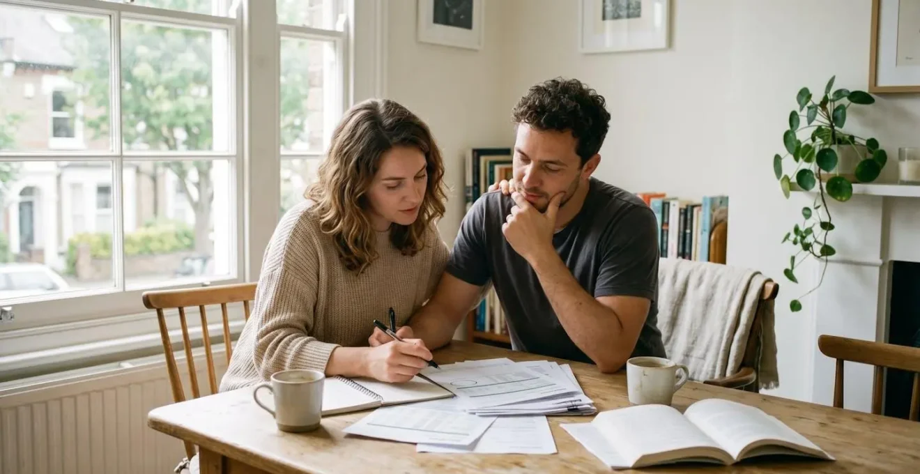 Couple en train d'examiner des documents financiers autour d'une table, préparant leur projet d'achat immobilier