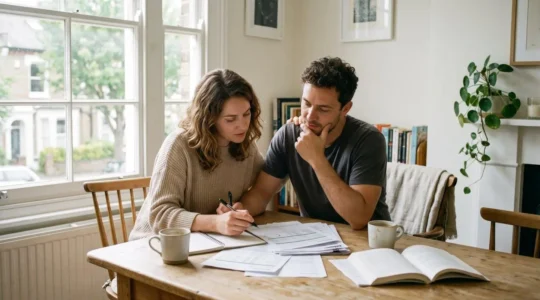 Couple en train d'examiner des documents financiers autour d'une table, préparant leur projet d'achat immobilier