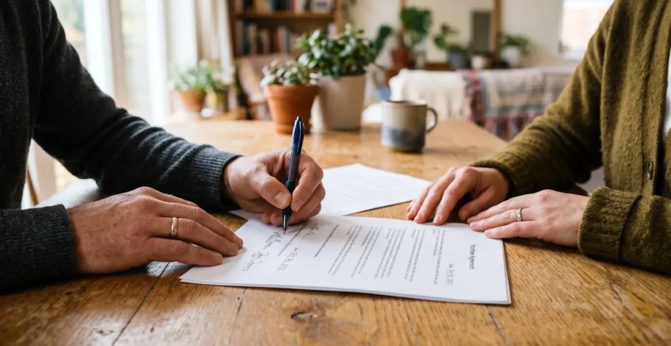 Personne signant un document officiel de financement immobilier sur un bureau épuré, avec une lumière naturelle douce