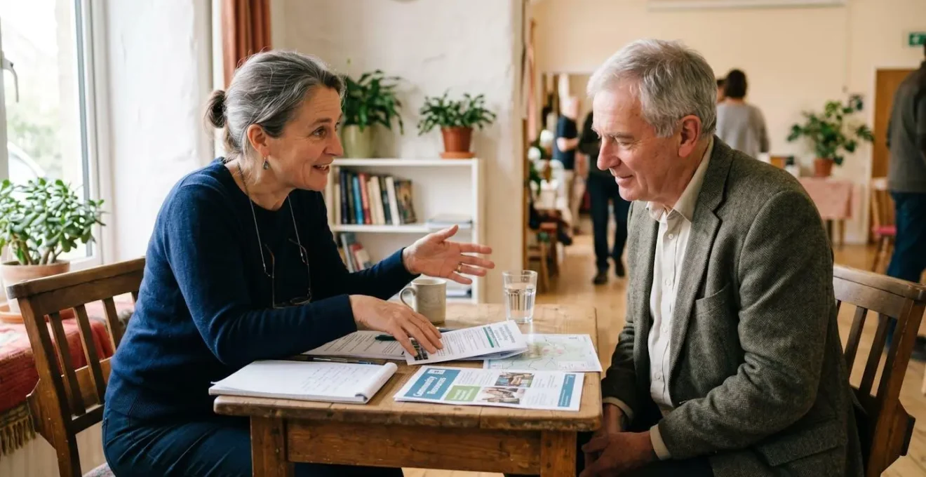 Conseiller en financement immobilier présentant un plan de financement à un client dans un environnement professionnel sobre