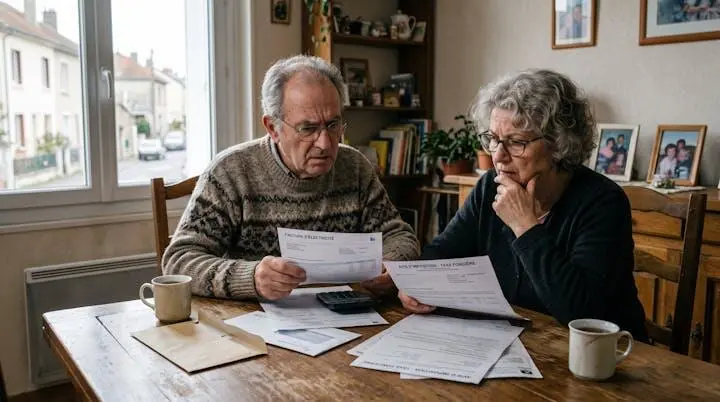 Couple senior examinant factures de charges de copropriété à domicile