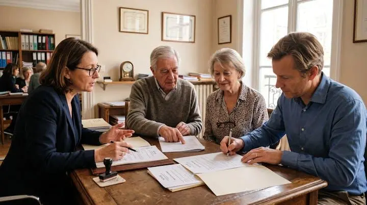 Famille avec notaire discutant donation en nue-propriété autour d'une table