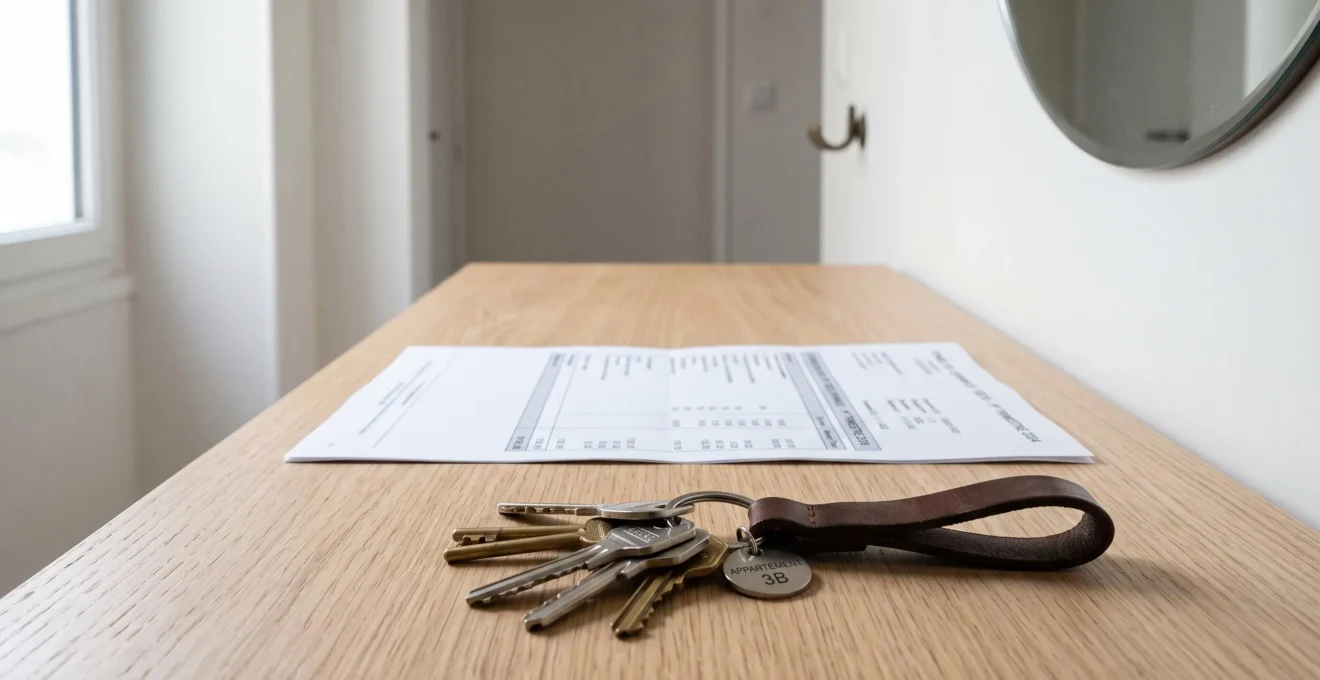 Clés d'appartement et document de charges de copropriété sur une table d'entrée